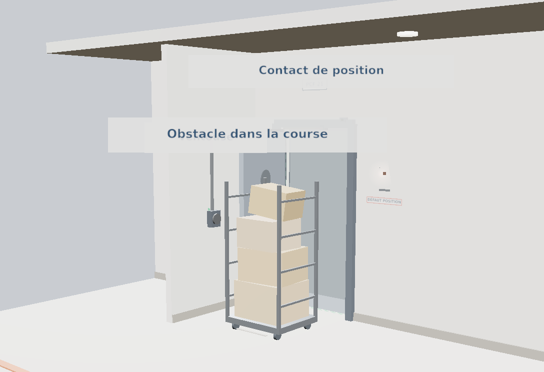 Vue 3D du simulateur : un roll de livraison laissé dans l'emprise d'une porte coupe-feu empêche le vantail d'atteindre son contact de position, ce qui provoque un défaut de position de sécurité au CMSI.