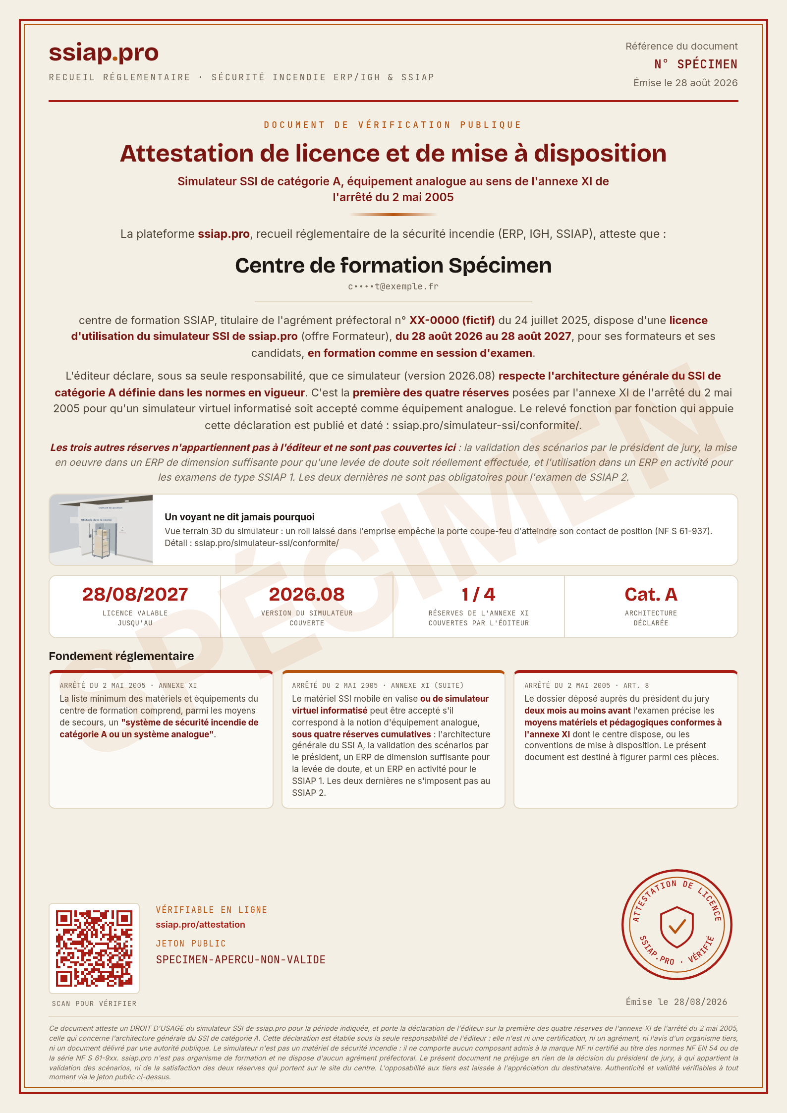 Fac-similé de l'attestation de licence et de mise à disposition, portant la mention SPÉCIMEN