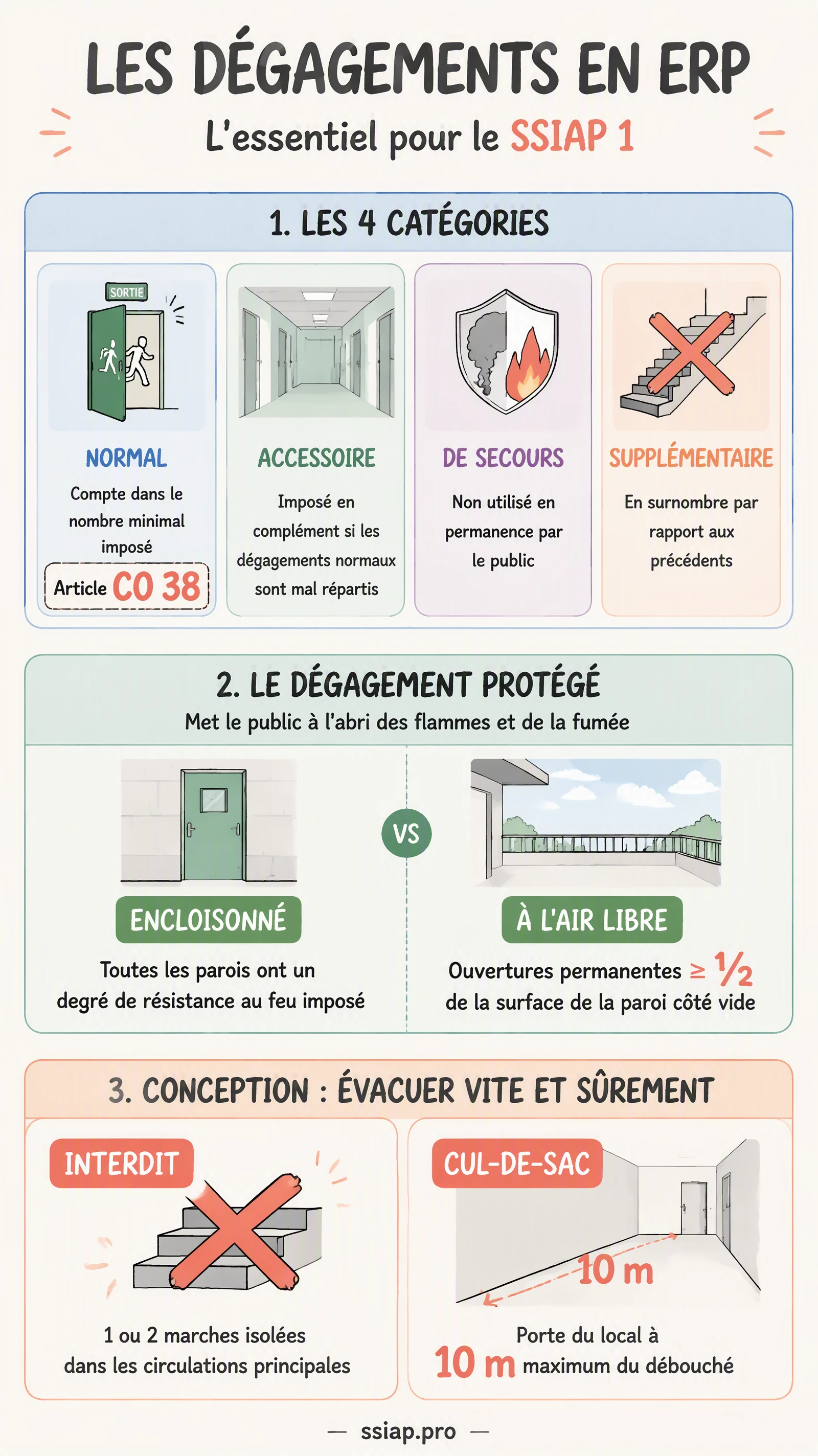Infographie : les dégagements en ERP - les 4 catégories (normal, accessoire, de secours, supplémentaire), le dégagement protégé (encloisonné vs à l'air libre) et les règles de conception (marches isolées interdites, cul-de-sac à 10 m maximum)