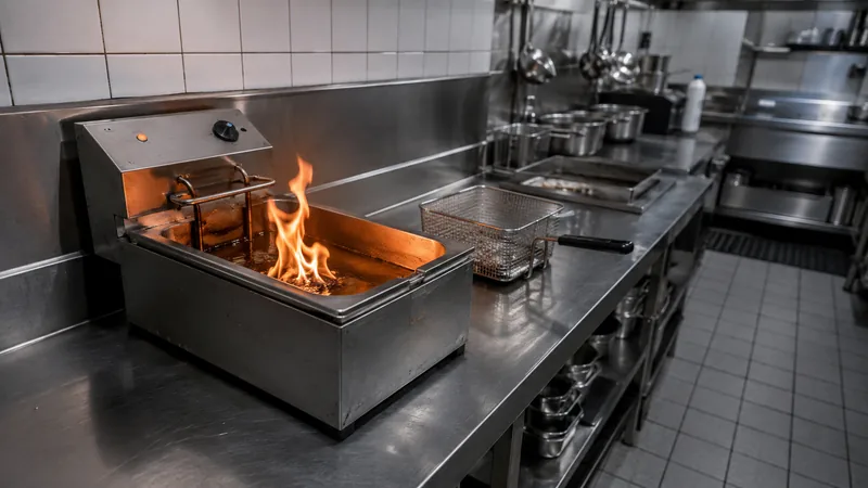 Feu localisé dans une friteuse de cuisine professionnelle reconstituée.
