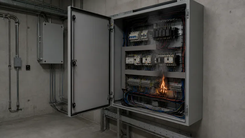 Départ de feu reconstitué dans un local électrique.