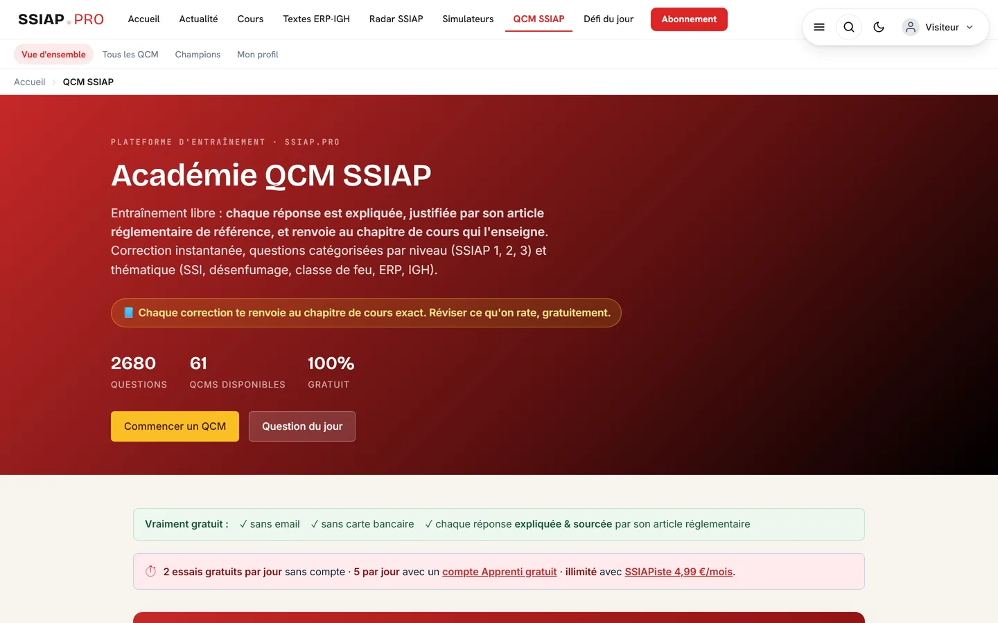 Le hub QCM de ssiap.pro vu sans compte : 2 680 questions annoncées, 61 QCM disponibles, et la mention des quotas selon le niveau.