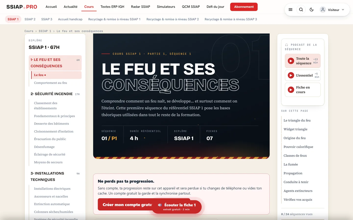 La séquence Le feu et ses conséquences sans abonnement : le cours s'interrompt et annonce qu'il reste 5 fiches, avec le détail de ce qu'elles couvrent.