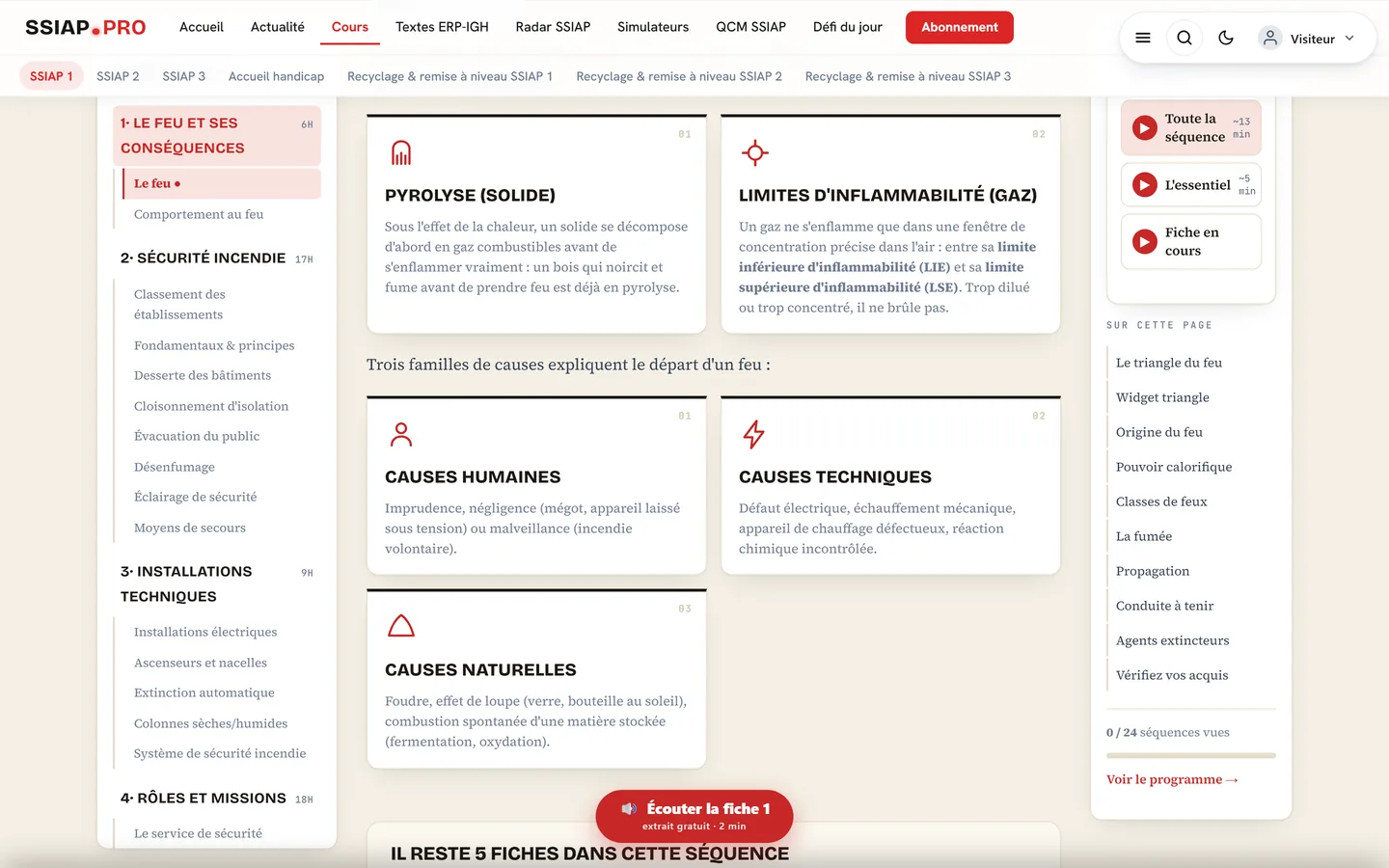 Le point ou la séquence de cours s'interrompt sans abonnement : un encadré annonce qu'il reste 5 fiches, et liste le titre et les notions de chacune.